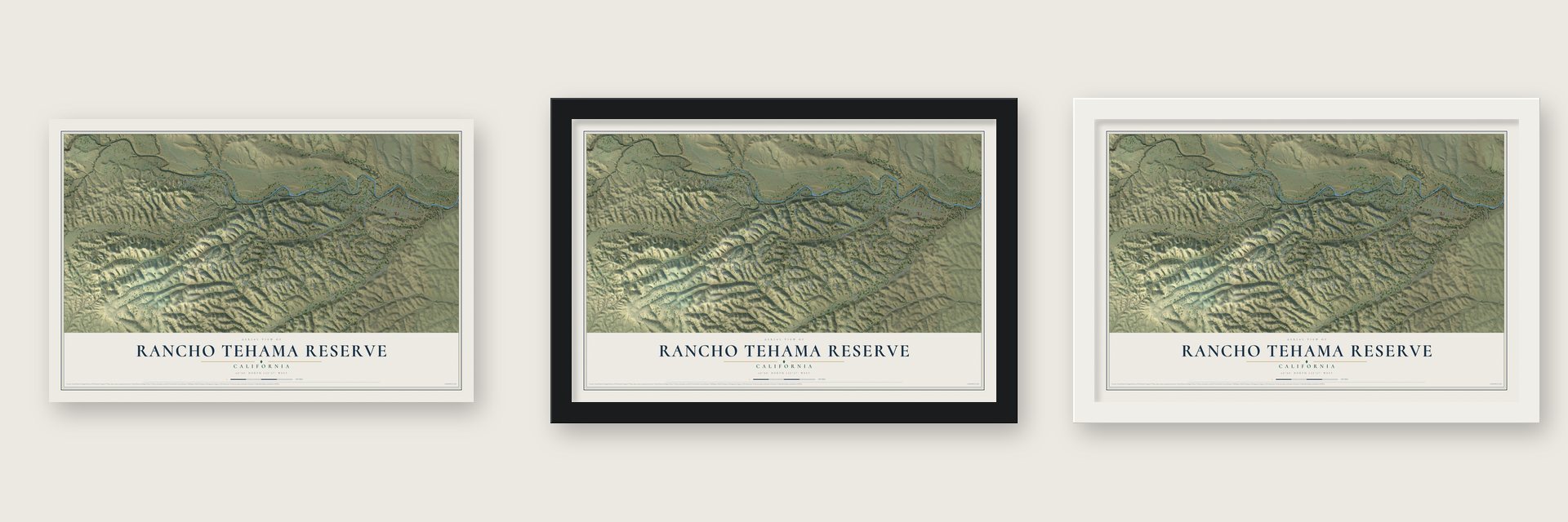 Rancho Tehama Reserve, California map unframed, in a black wood frame and in a white wood frame