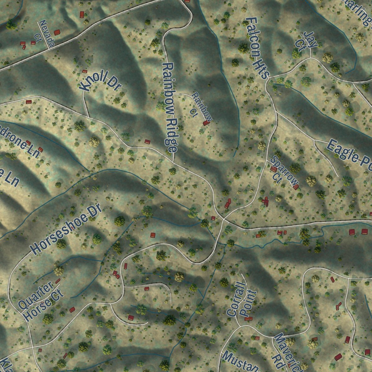 Second close-up of the map of Rancho Tehama Reserve, California print showing more streets and buildings