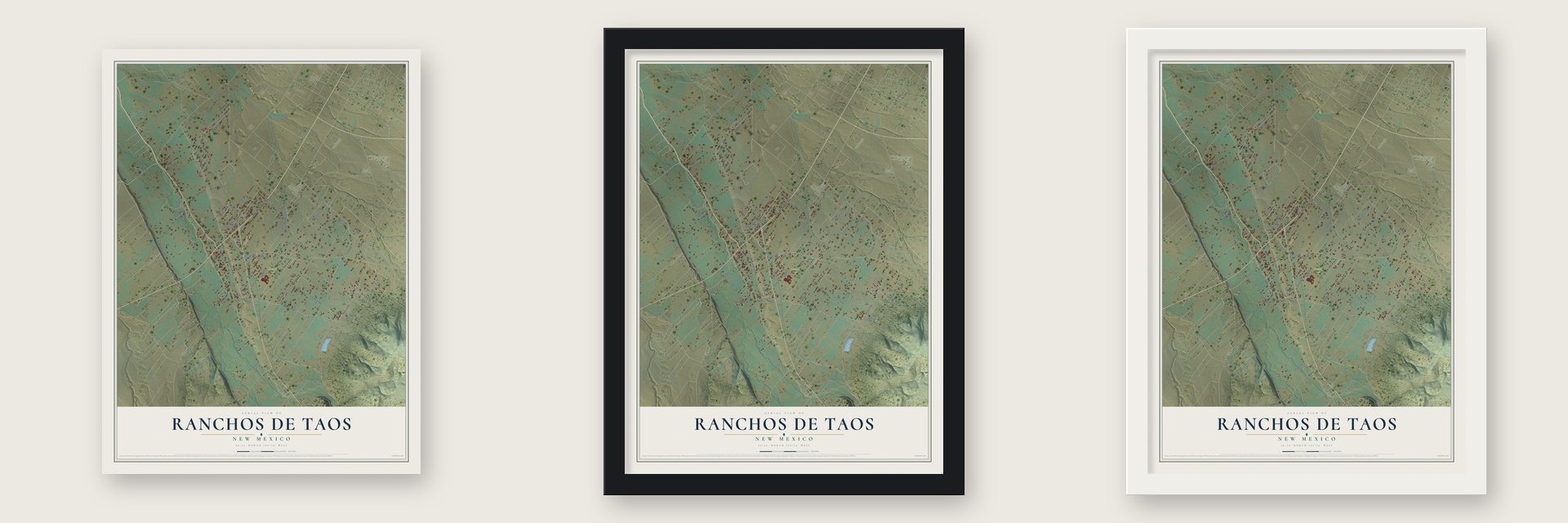 Ranchos de Taos, New Mexico map unframed, in a black wood frame and in a white wood frame