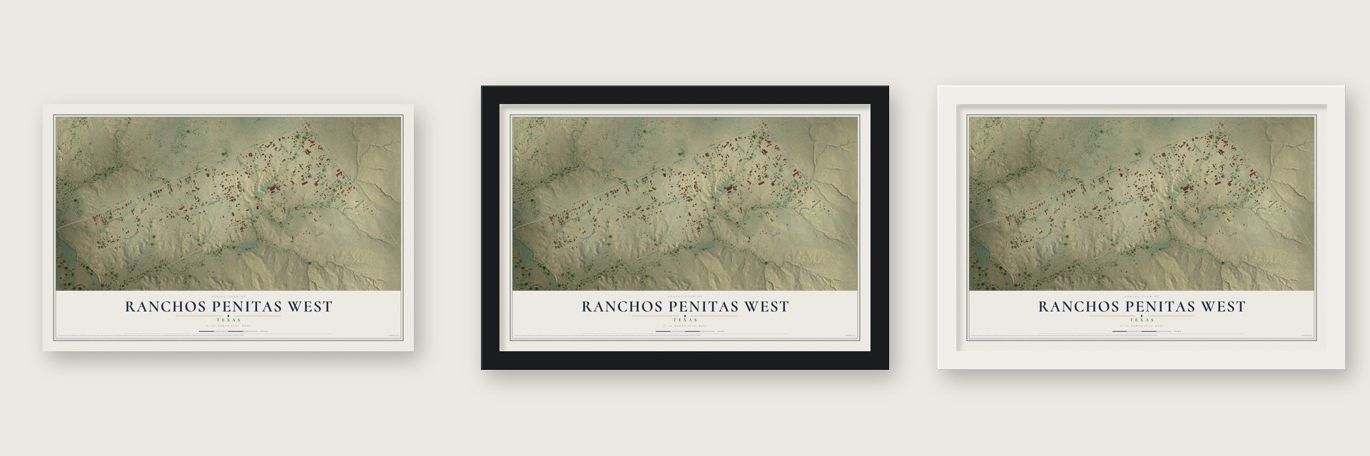 Ranchos Penitas West, Texas map unframed, in a black wood frame and in a white wood frame