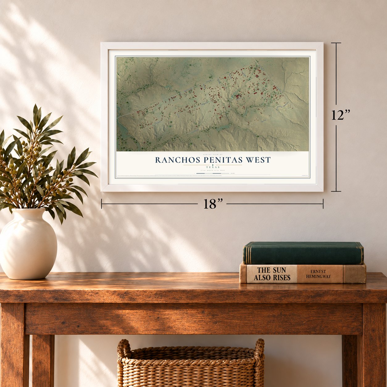 Ranchos Penitas West, Texas map, 12 x 18 inch print in a white frame in an entryway