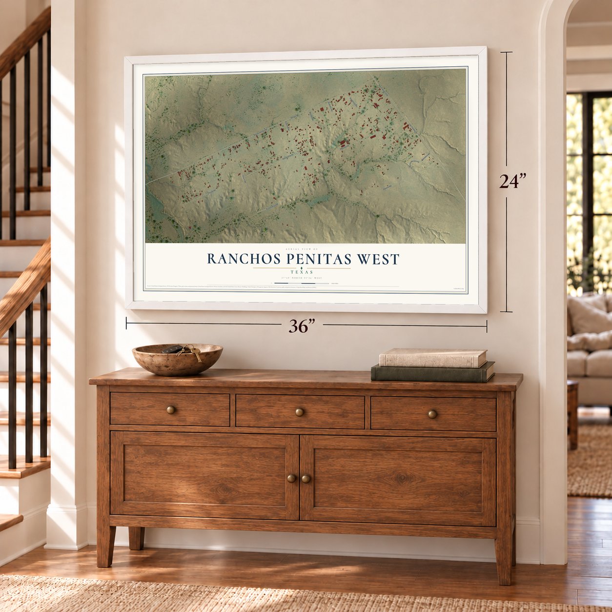 Ranchos Penitas West, Texas map, 24 x 36 inch print in a white frame above a dresser by a staircase