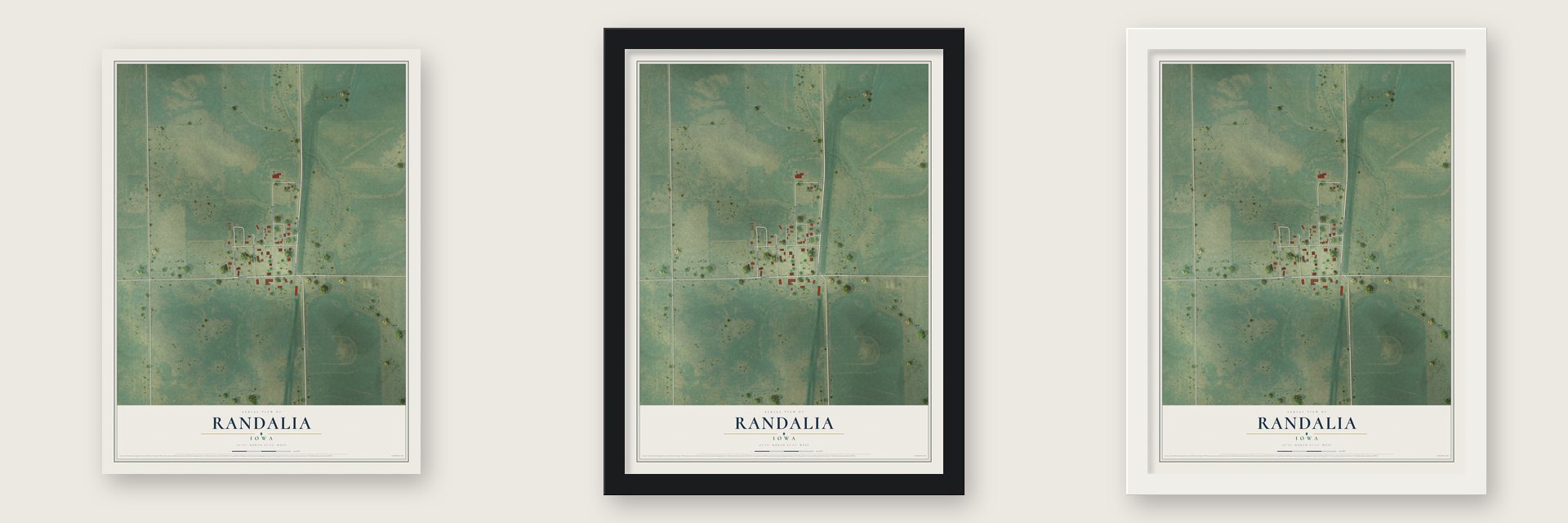 Randalia, Iowa map unframed, in a black wood frame and in a white wood frame
