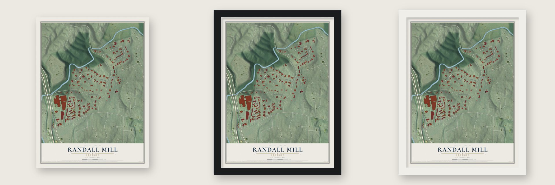 Randall Mill, Georgia map unframed, in a black wood frame and in a white wood frame