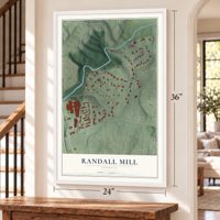 Randall Mill, Georgia map, 24 x 36 inch print in a white frame by a staircase