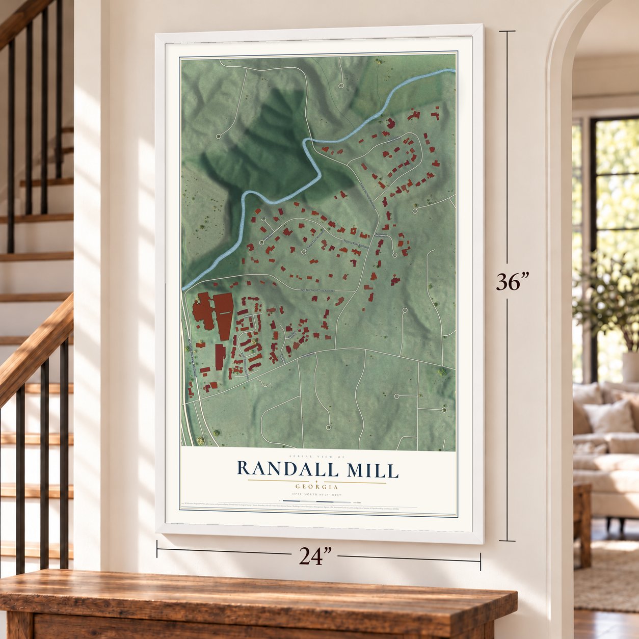 Randall Mill, Georgia map, 24 x 36 inch print in a white frame by a staircase