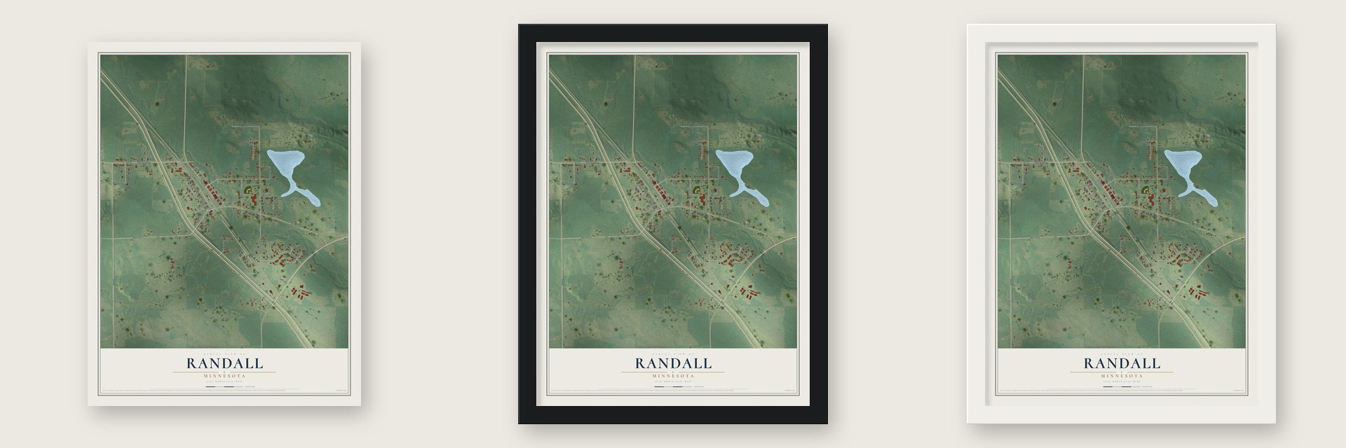 Randall, Minnesota map unframed, in a black wood frame and in a white wood frame