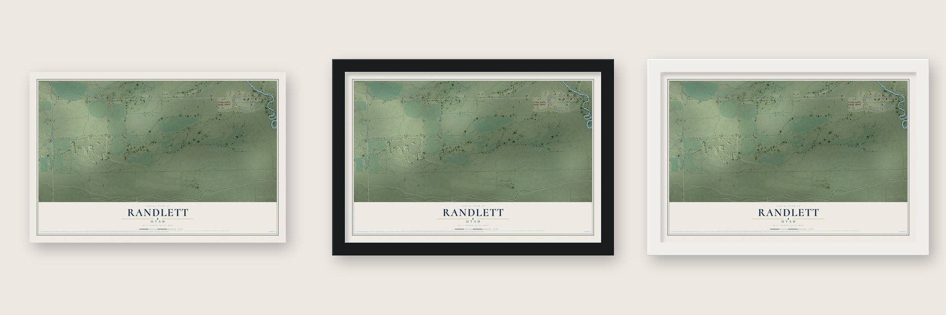Randlett, Utah map unframed, in a black wood frame and in a white wood frame