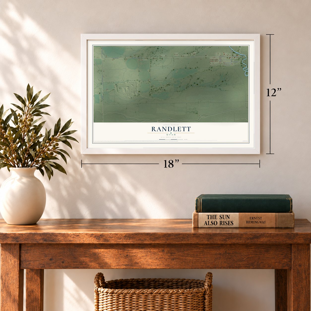 Randlett, Utah map, 12 x 18 inch print in a white frame in an entryway