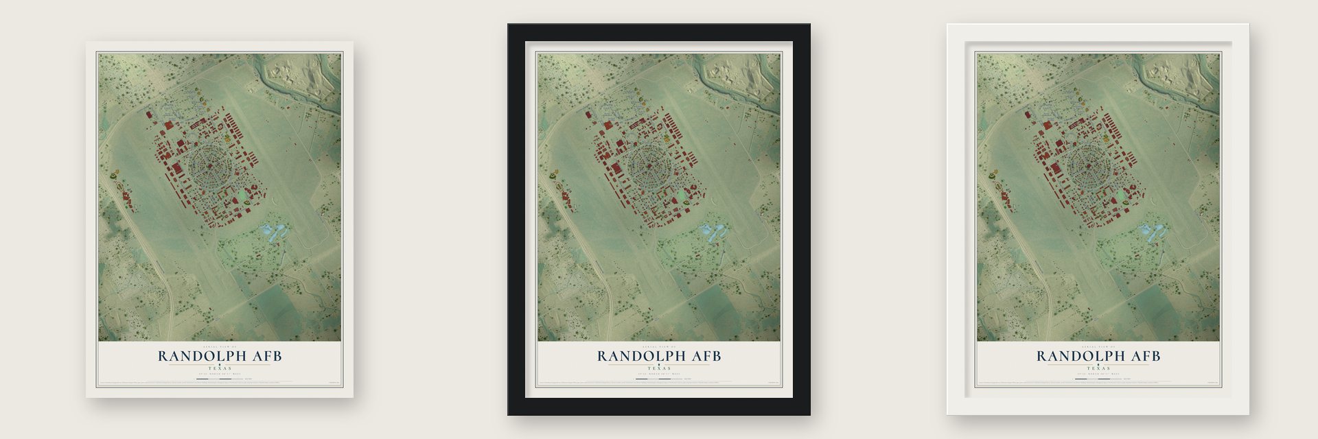 Randolph AFB, Texas map unframed, in a black wood frame and in a white wood frame