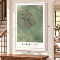 Randolph AFB, Texas map, 24 x 36 inch print in a white frame by a staircase