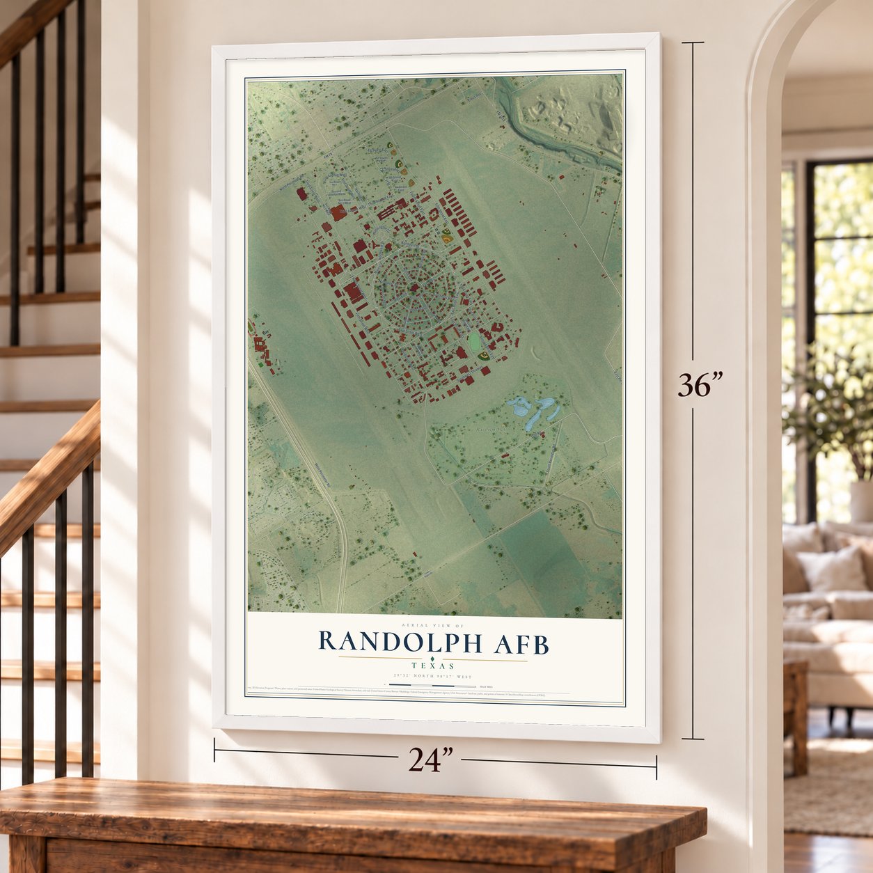 Randolph AFB, Texas map, 24 x 36 inch print in a white frame by a staircase