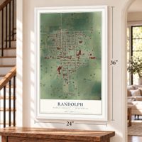 Randolph, Dodge County, Wisconsin map, 24 x 36 inch print in a white frame by a staircase