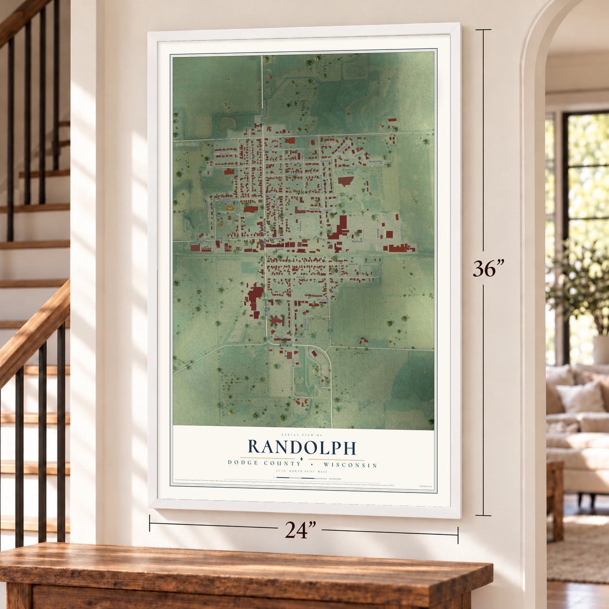 Randolph, Dodge County, Wisconsin map, 24 x 36 inch print in a white frame by a staircase