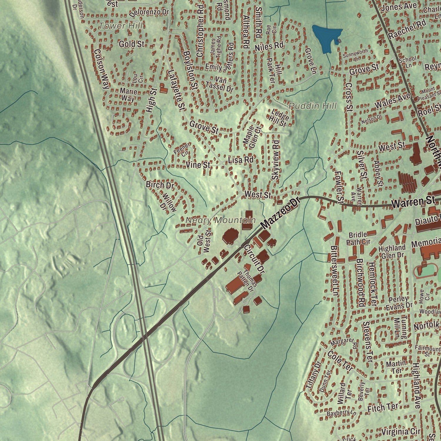 Close-up of the map of Randolph, Massachusetts print showing terrain and local geography