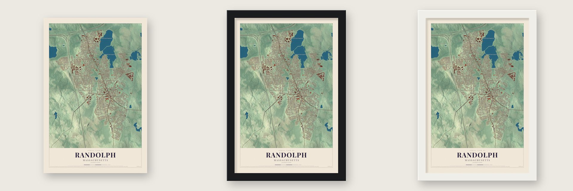Randolph, Massachusetts map unframed, in a black wood frame and in a white wood frame