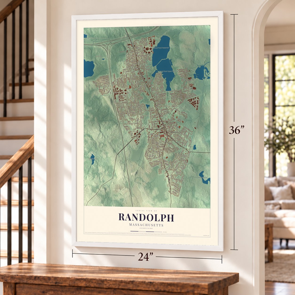 Randolph, Massachusetts map, 24 x 36 inch print in a white frame by a staircase