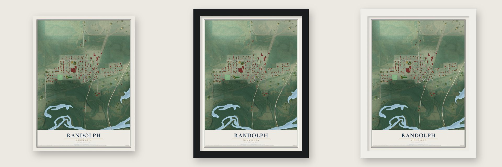 Randolph, Minnesota map unframed, in a black wood frame and in a white wood frame