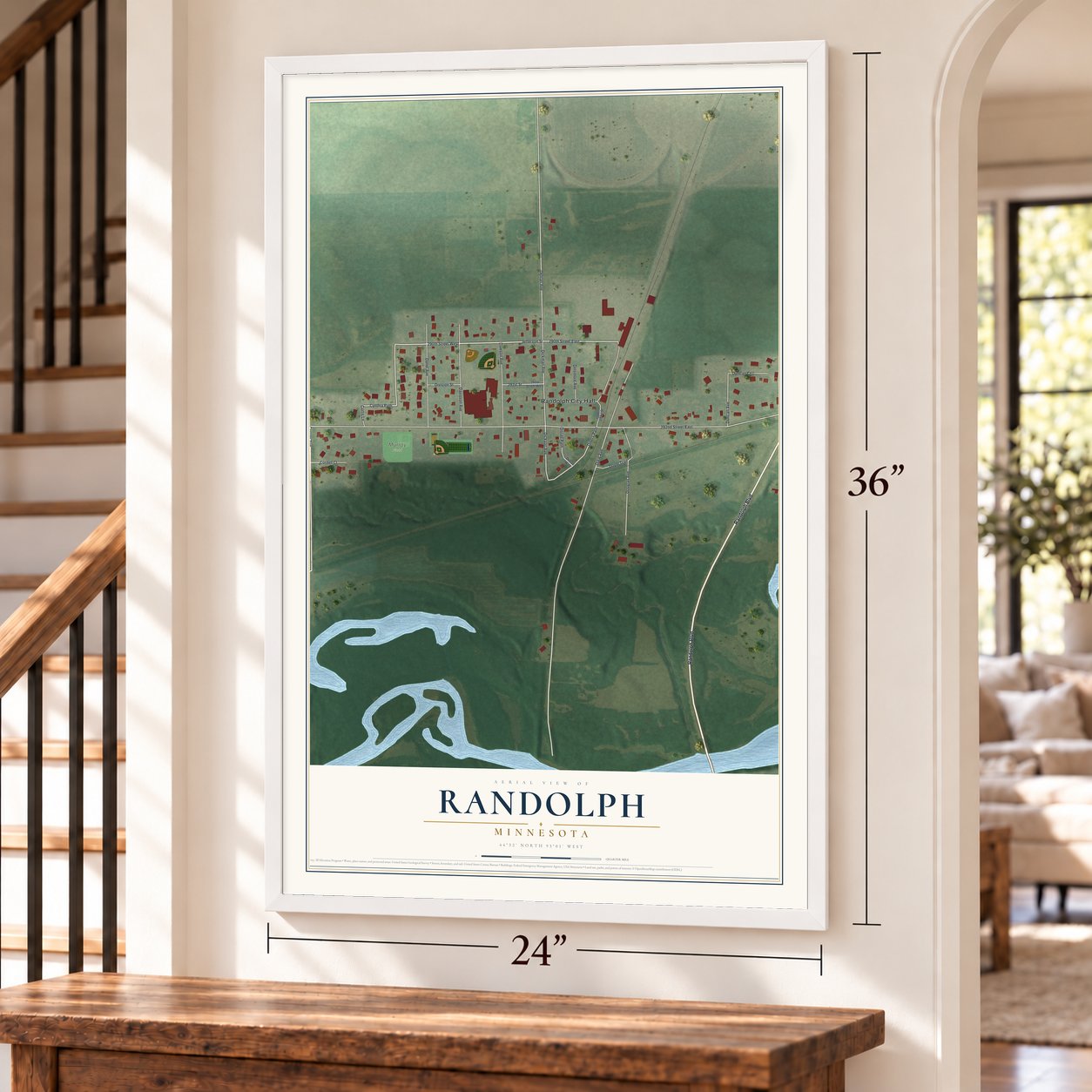 Randolph, Minnesota map, 24 x 36 inch print in a white frame by a staircase