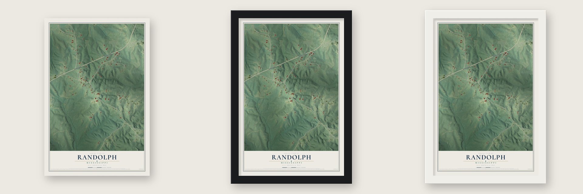 Randolph, Mississippi map unframed, in a black wood frame and in a white wood frame