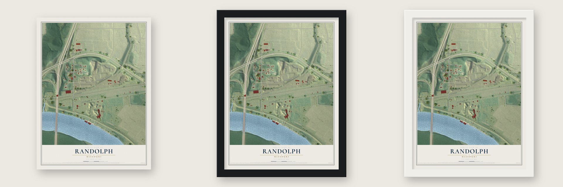 Randolph, Missouri map unframed, in a black wood frame and in a white wood frame