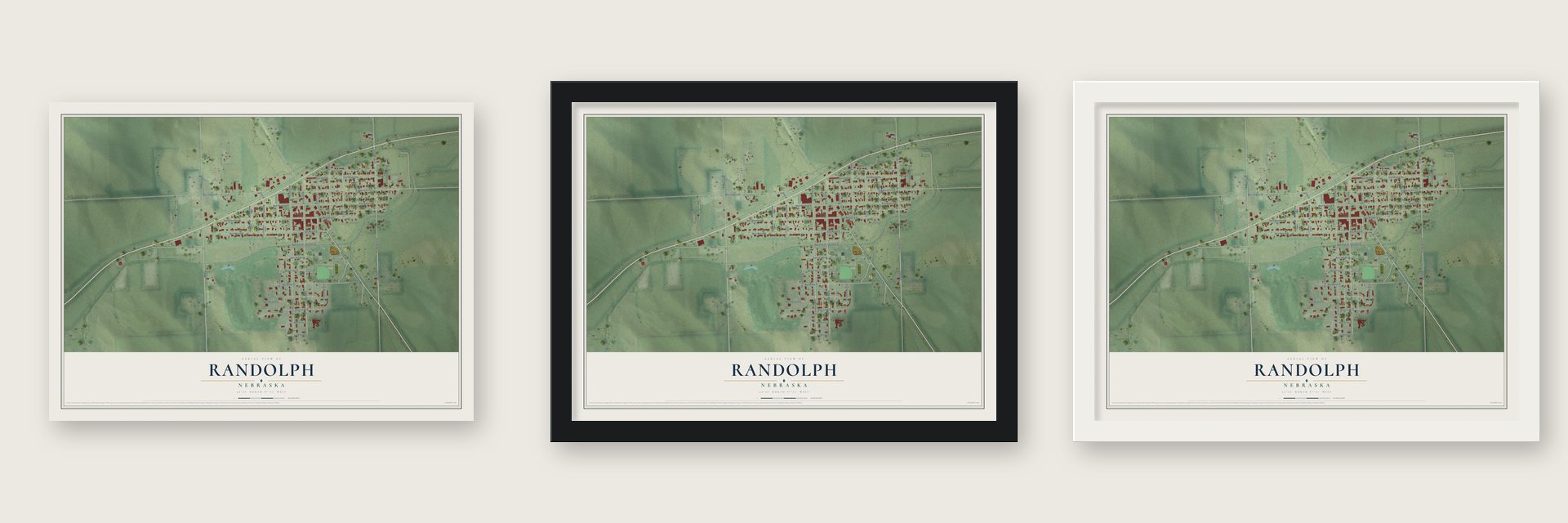 Randolph, Nebraska map unframed, in a black wood frame and in a white wood frame