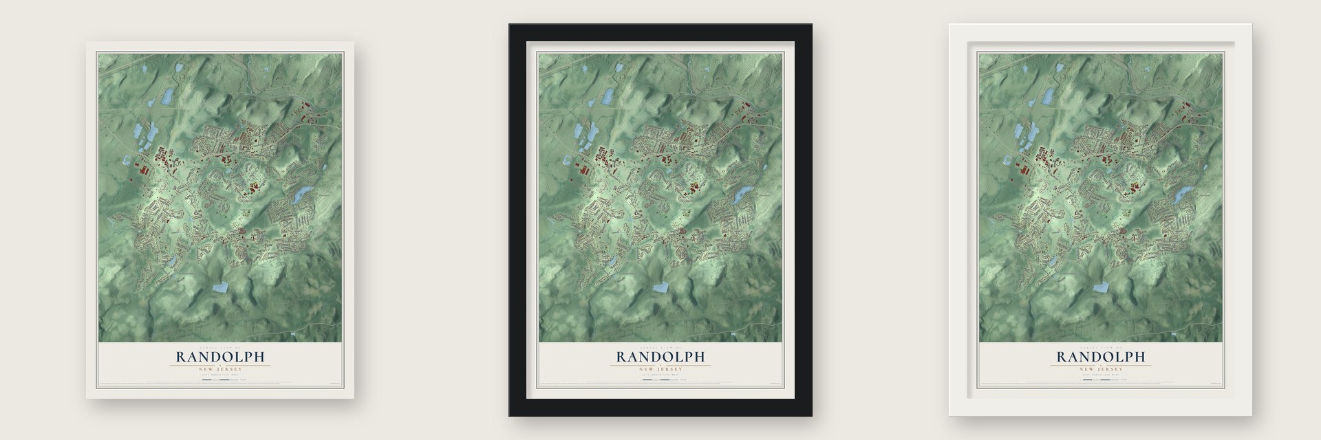 Randolph, New Jersey map unframed, in a black wood frame and in a white wood frame