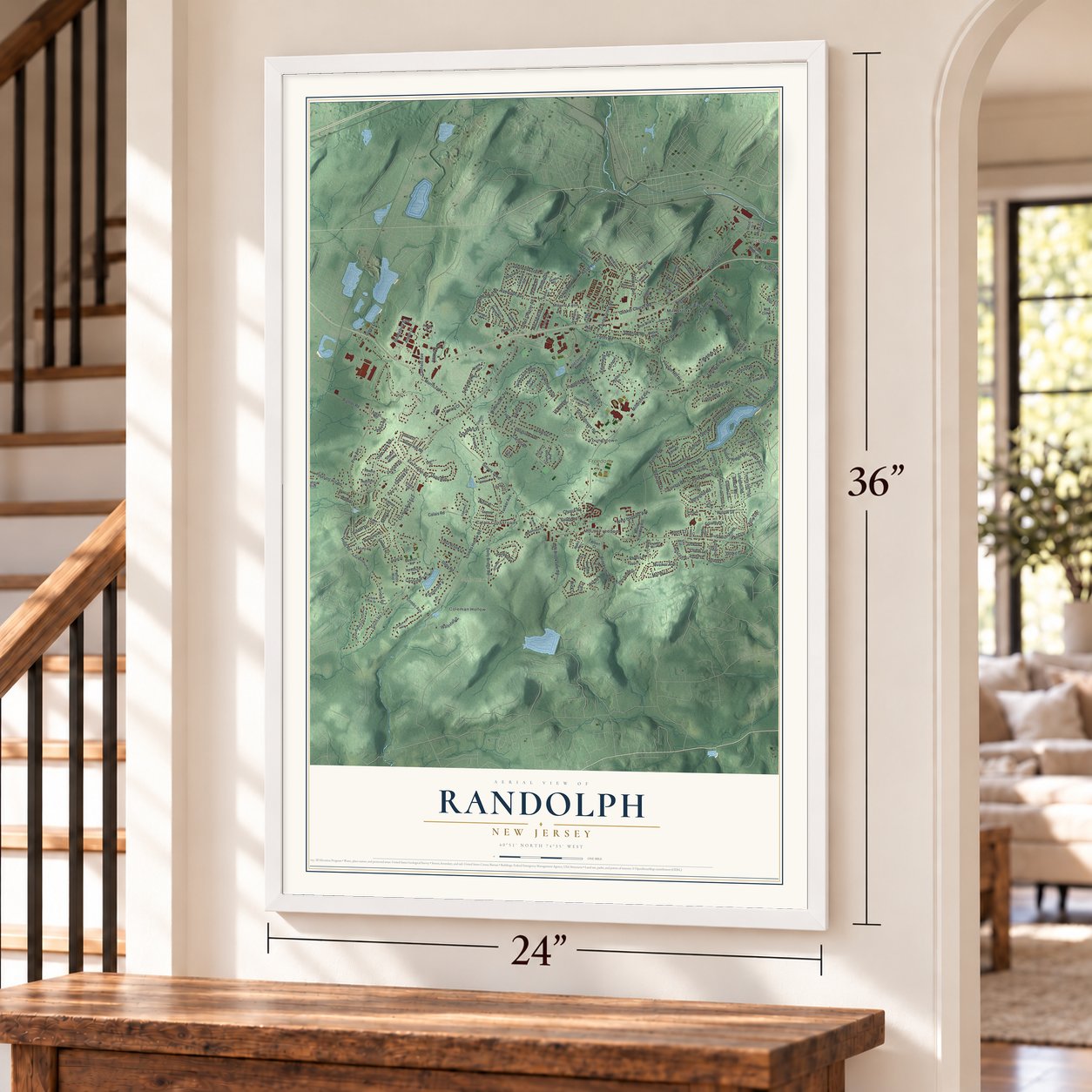 Randolph, New Jersey map, 24 x 36 inch print in a white frame by a staircase