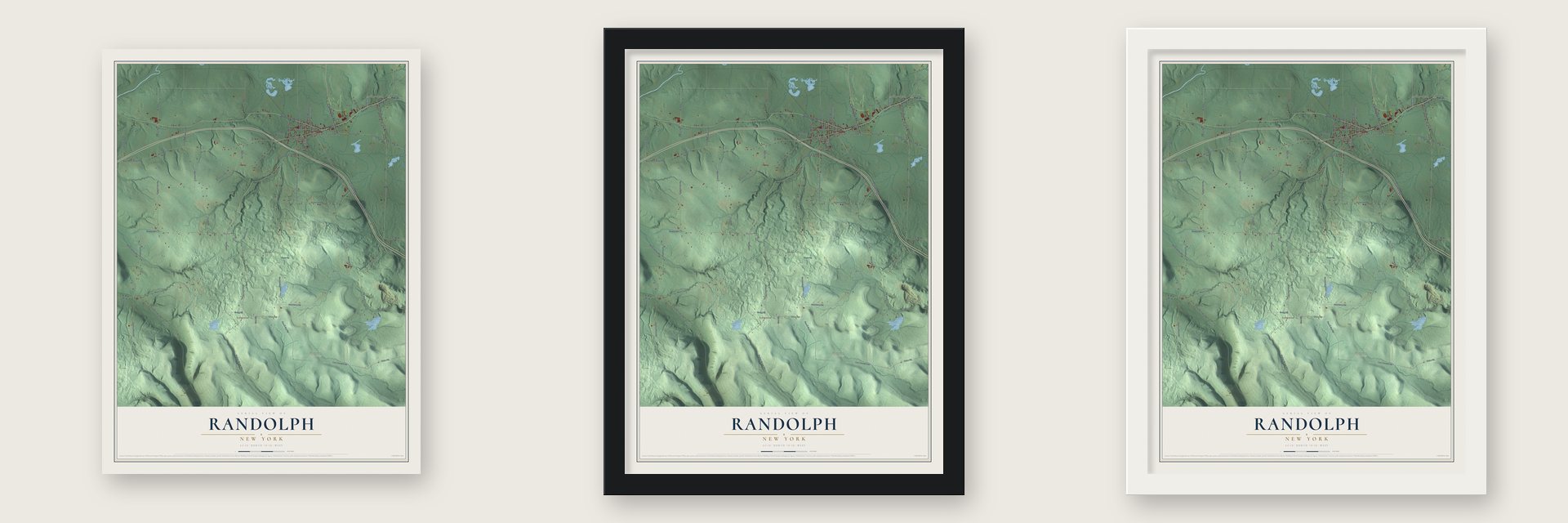 Randolph, New York map unframed, in a black wood frame and in a white wood frame