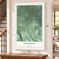 Randolph, New York map, 24 x 36 inch print in a white frame by a staircase