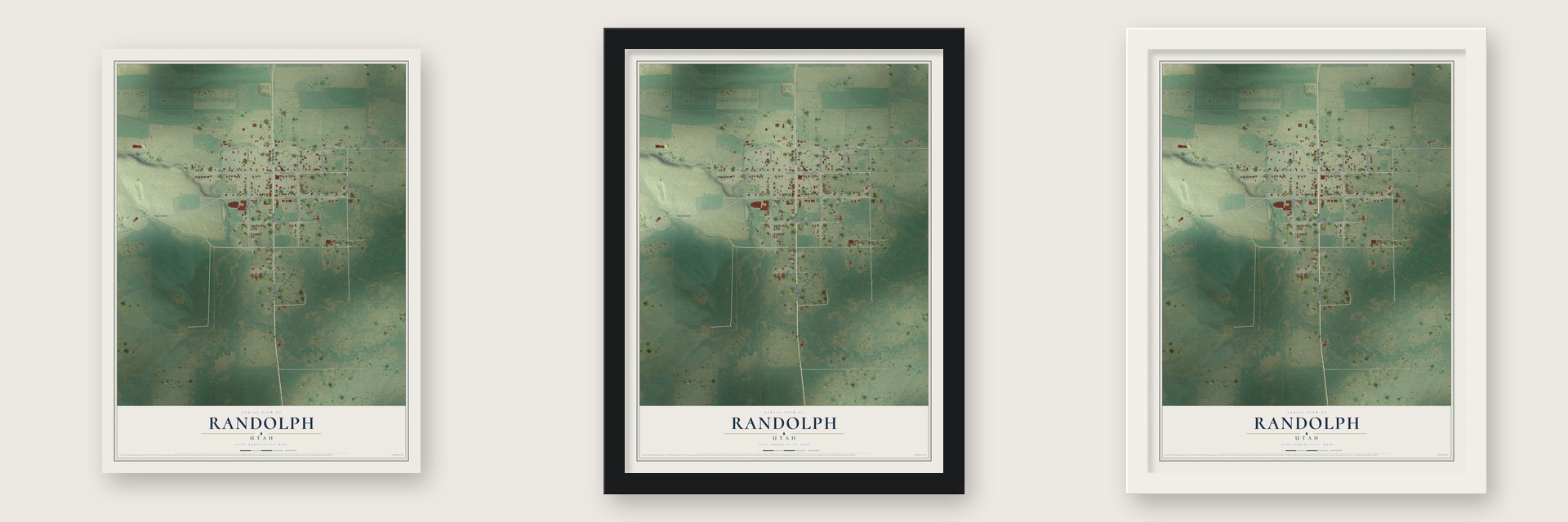 Randolph, Utah map unframed, in a black wood frame and in a white wood frame