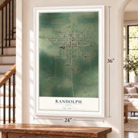 Randolph, Utah map, 24 x 36 inch print in a white frame by a staircase