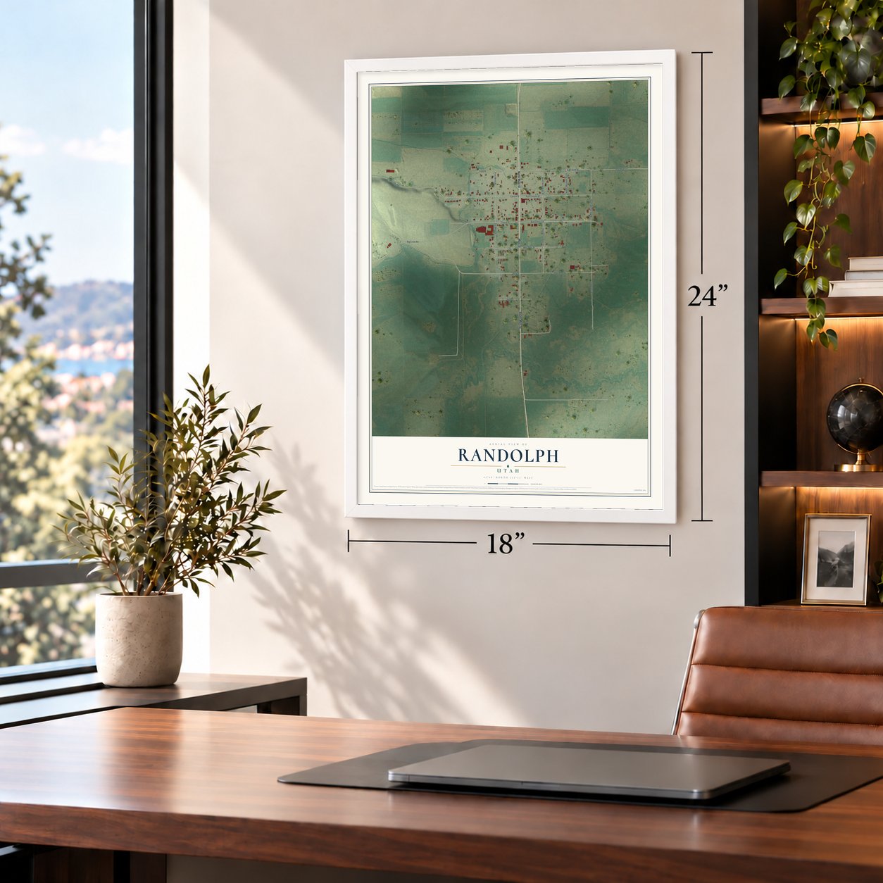 Randolph, Utah map, 18 x 24 inch print in a white frame in a home office