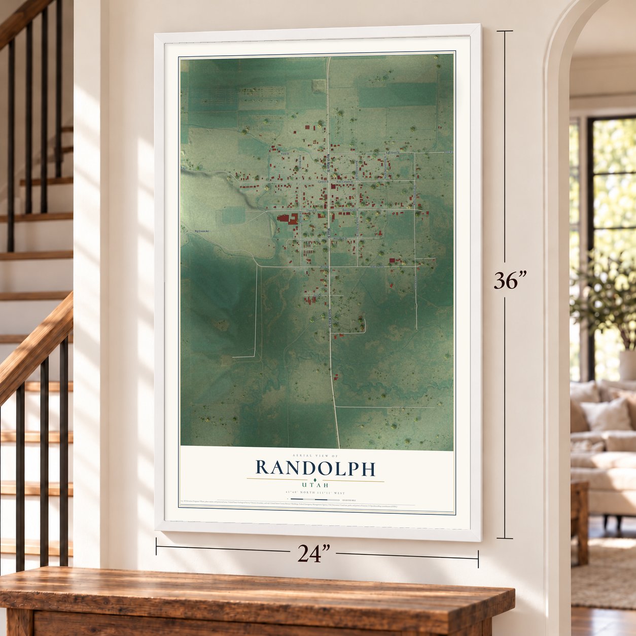 Randolph, Utah map, 24 x 36 inch print in a white frame by a staircase