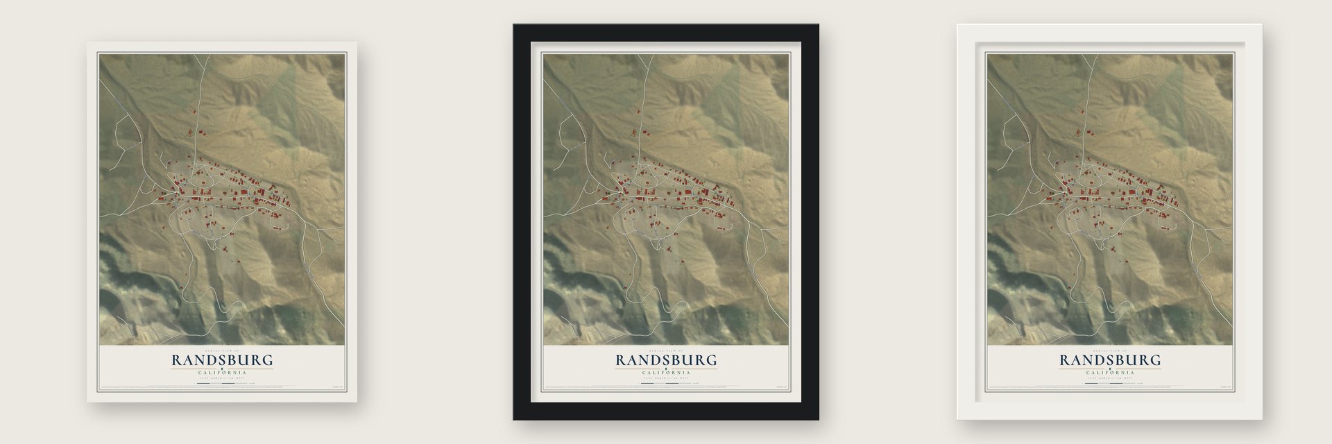 Randsburg, California map unframed, in a black wood frame and in a white wood frame