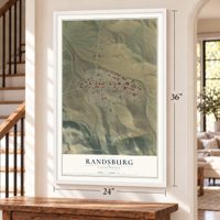 Randsburg, California map, 24 x 36 inch print in a white frame by a staircase