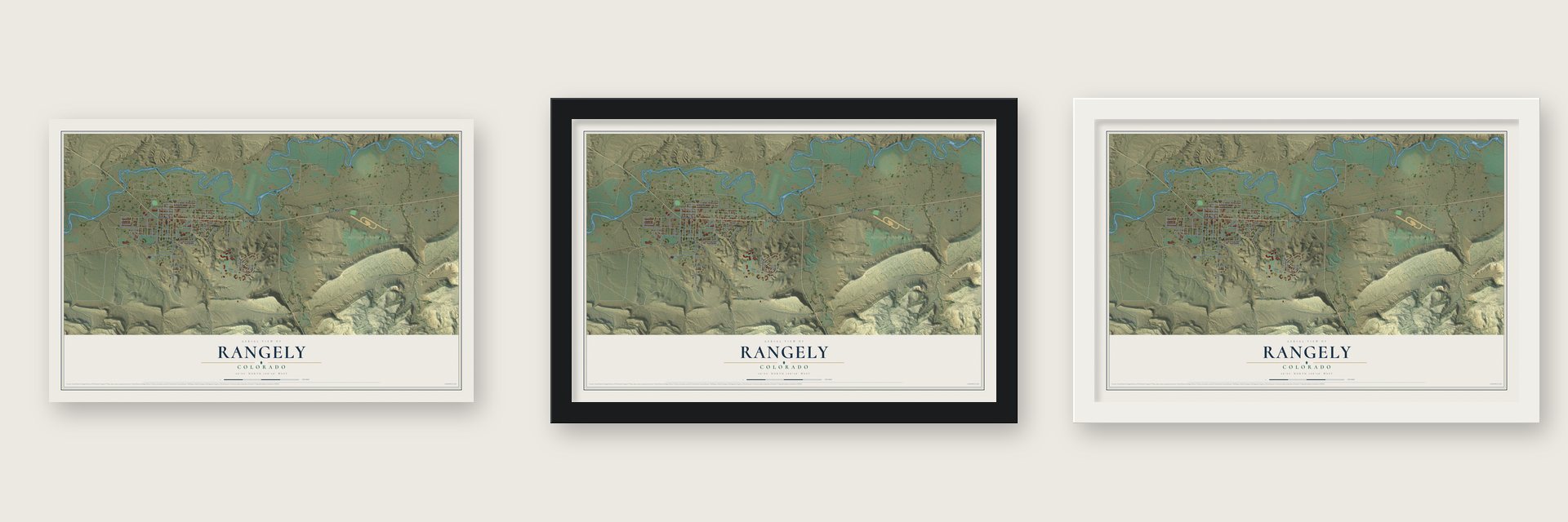 Rangely, Colorado map unframed, in a black wood frame and in a white wood frame