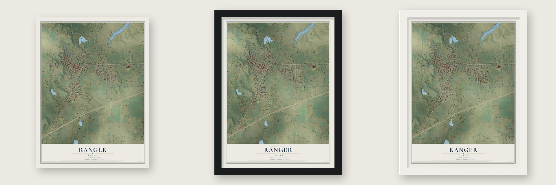 Ranger, Texas map unframed, in a black wood frame and in a white wood frame
