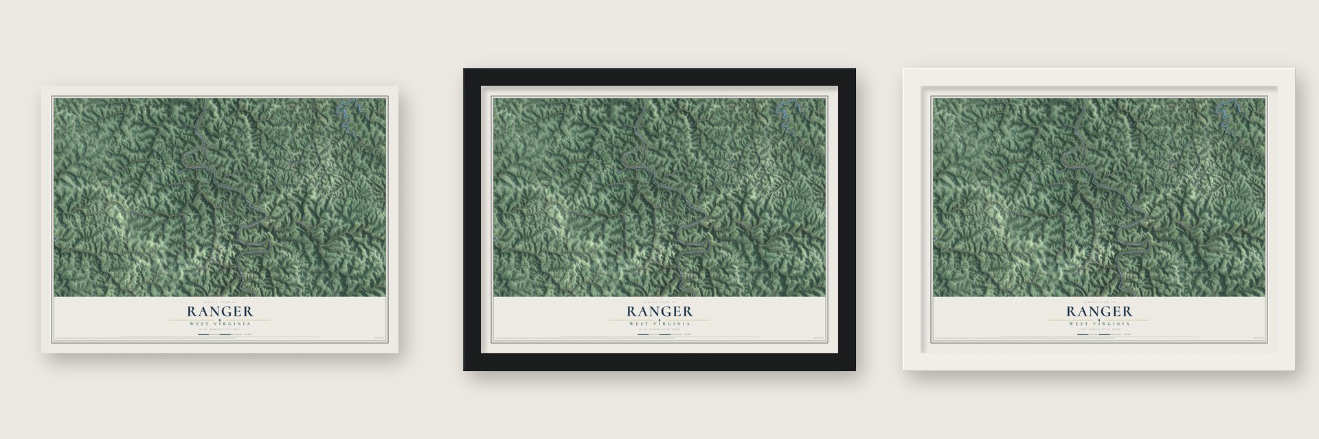 Ranger, West Virginia map unframed, in a black wood frame and in a white wood frame