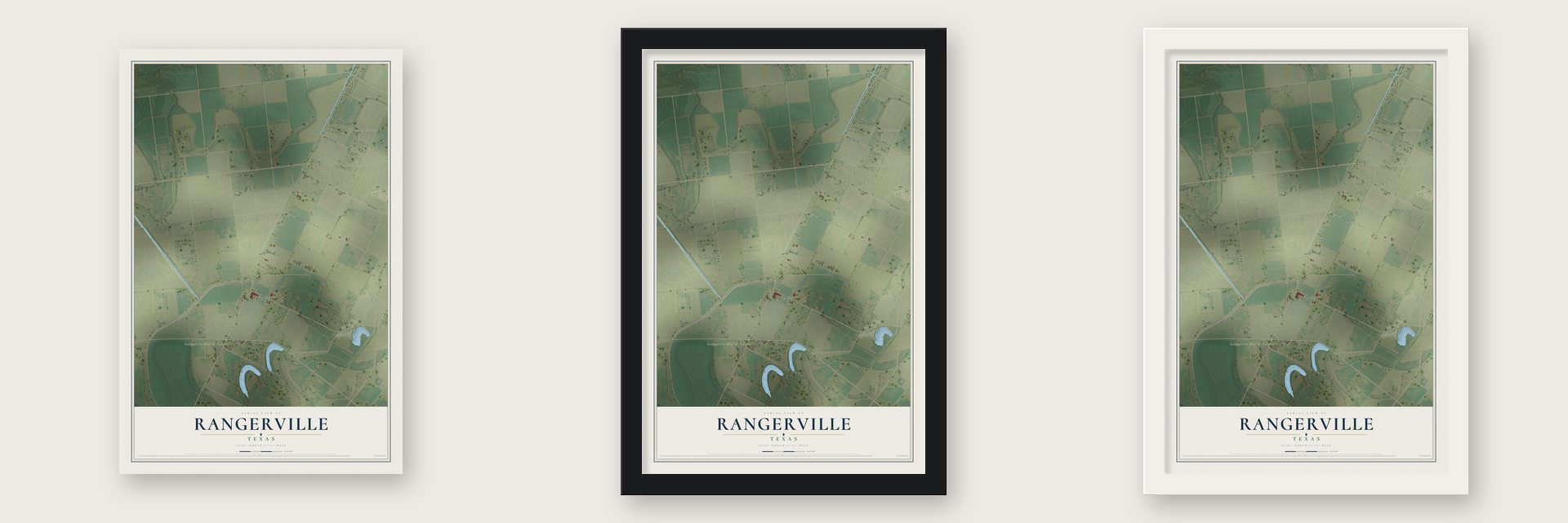 Rangerville, Texas map unframed, in a black wood frame and in a white wood frame