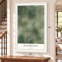Rangerville, Texas map, 24 x 36 inch print in a white frame by a staircase