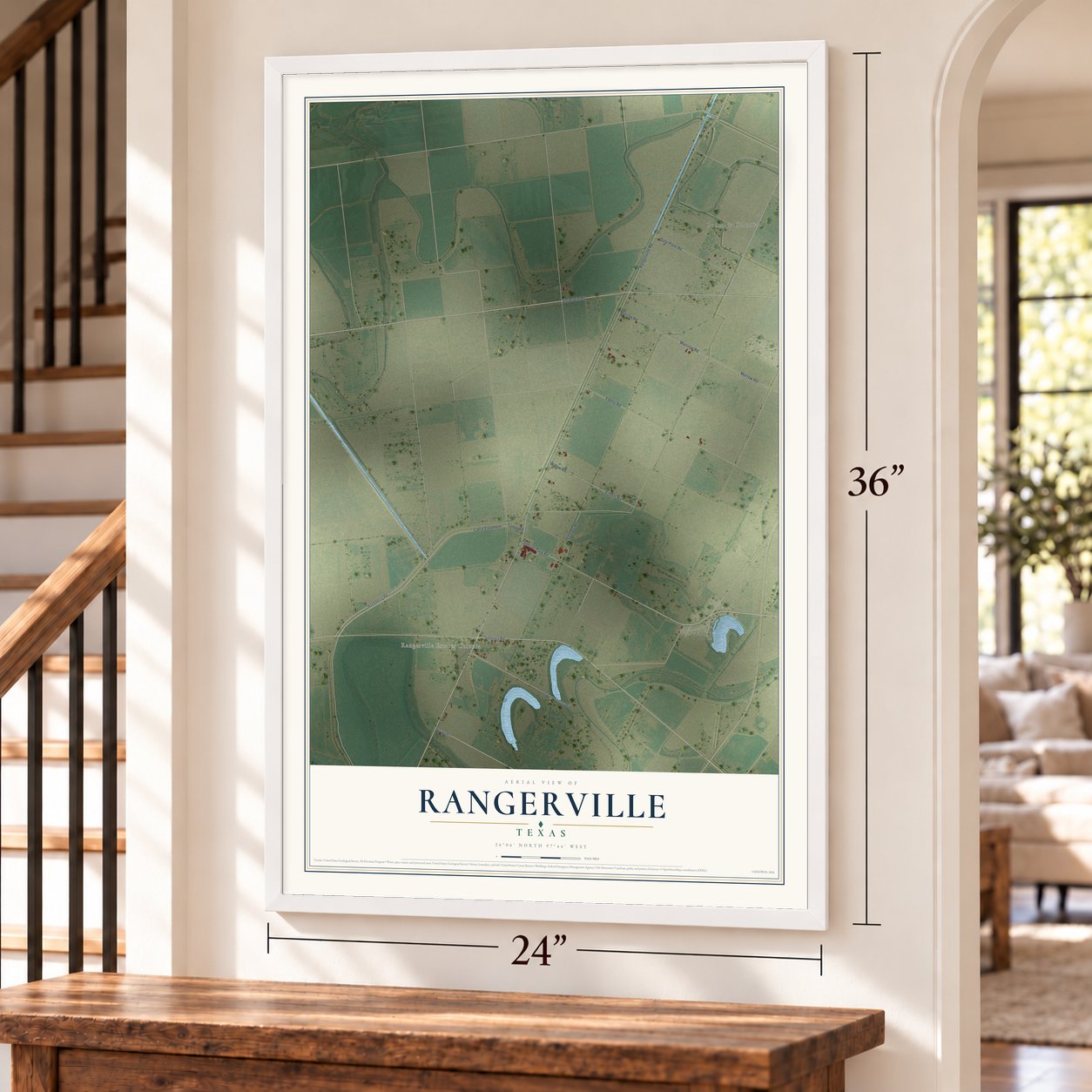 Rangerville, Texas map, 24 x 36 inch print in a white frame by a staircase