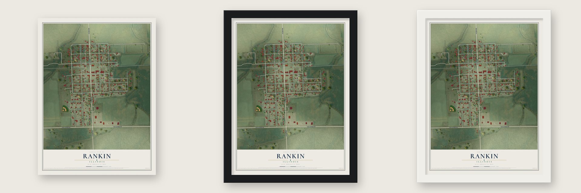 Rankin, Illinois map unframed, in a black wood frame and in a white wood frame