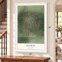 Rankin, Illinois map, 24 x 36 inch print in a white frame by a staircase
