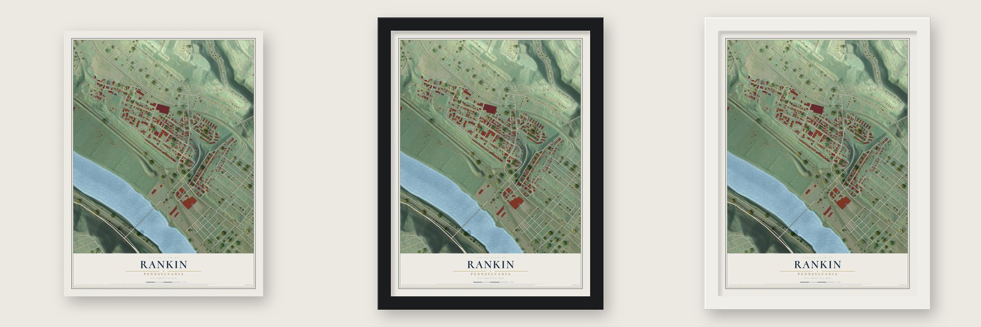 Rankin, Pennsylvania map unframed, in a black wood frame and in a white wood frame