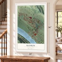 Rankin, Pennsylvania map, 24 x 36 inch print in a white frame by a staircase