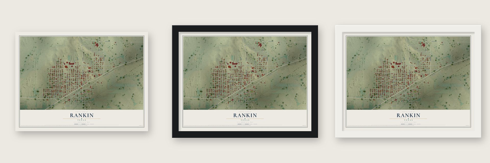 Rankin, Texas map unframed, in a black wood frame and in a white wood frame