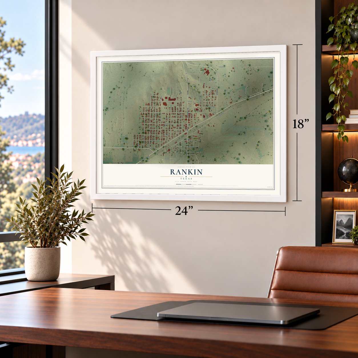 Rankin, Texas map, 18 x 24 inch print in a white frame in a home office