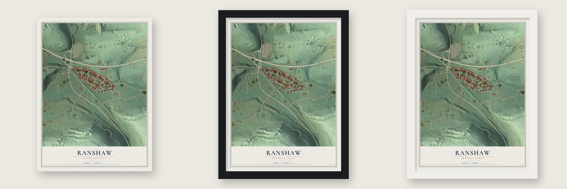 Ranshaw, Pennsylvania map unframed, in a black wood frame and in a white wood frame