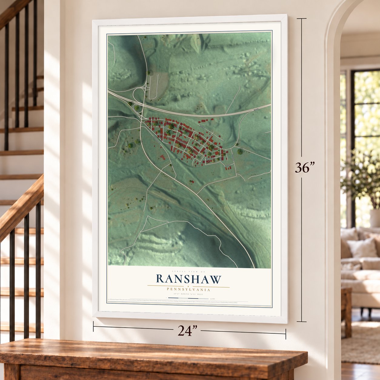 Ranshaw, Pennsylvania map, 24 x 36 inch print in a white frame by a staircase